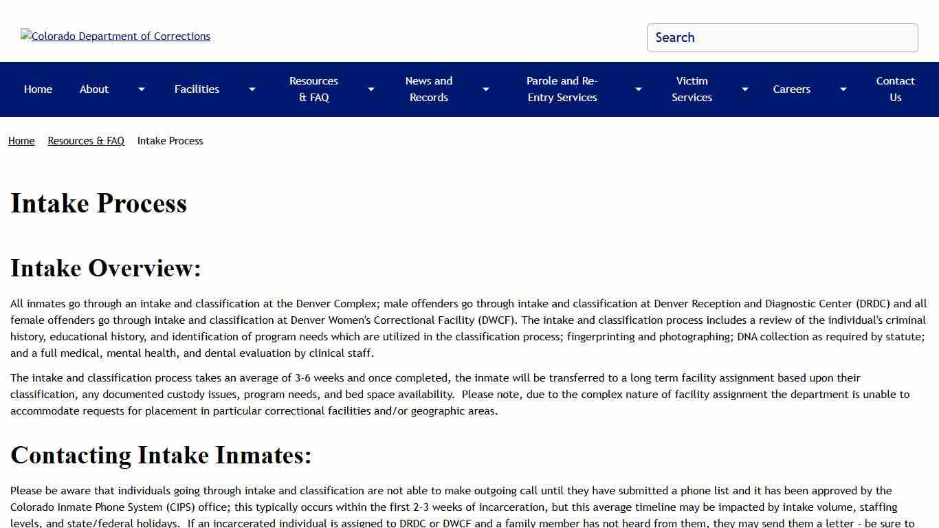 Intake Process Colorado Department of Corrections